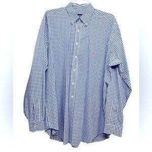 RALPH LAUREN BLUE & PINK PONY PLAID GINGHAM LONG SLEEVE BUTTON UP SHIRT XLT TALL